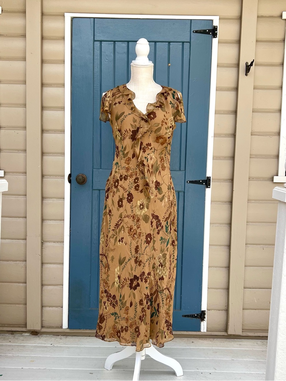 Vintage Charter Club 100% Silk Floral Ruffle Midi Dress Earth Tone Size 8